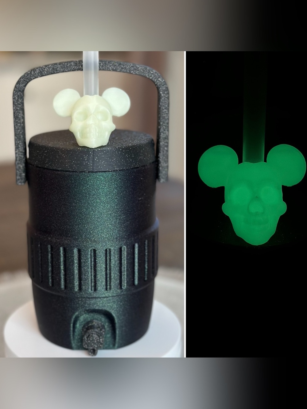 Disney Themed Soda Can Cooler with Glow-in-the-dark Mickey Skull Straw Topper